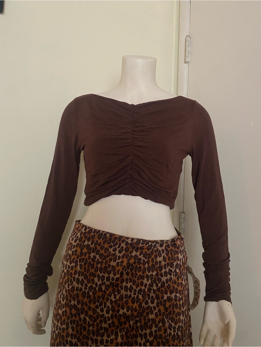 Ruched Long-Sleeve Crop Top in Brown